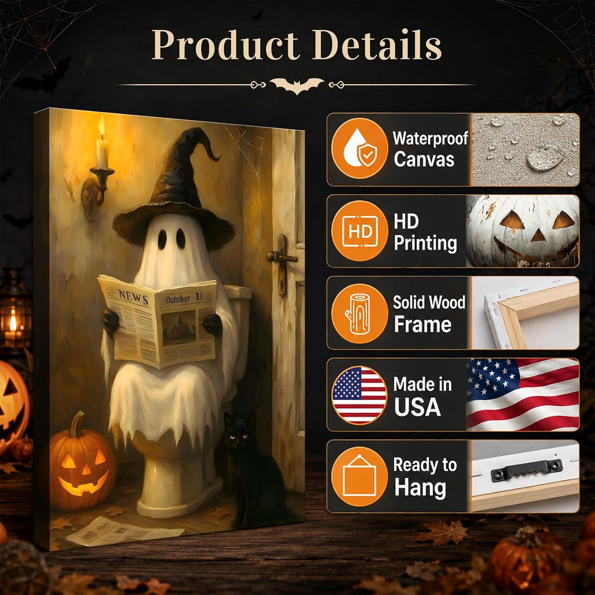 Framed Halloween Ghost Bathroom Canvas Wall Art 8x12 In, Funny Spooky Toilet Scene Canvas Prints Artwork, Dark Halloween Wall Decor Pictures for Office Home Decoration