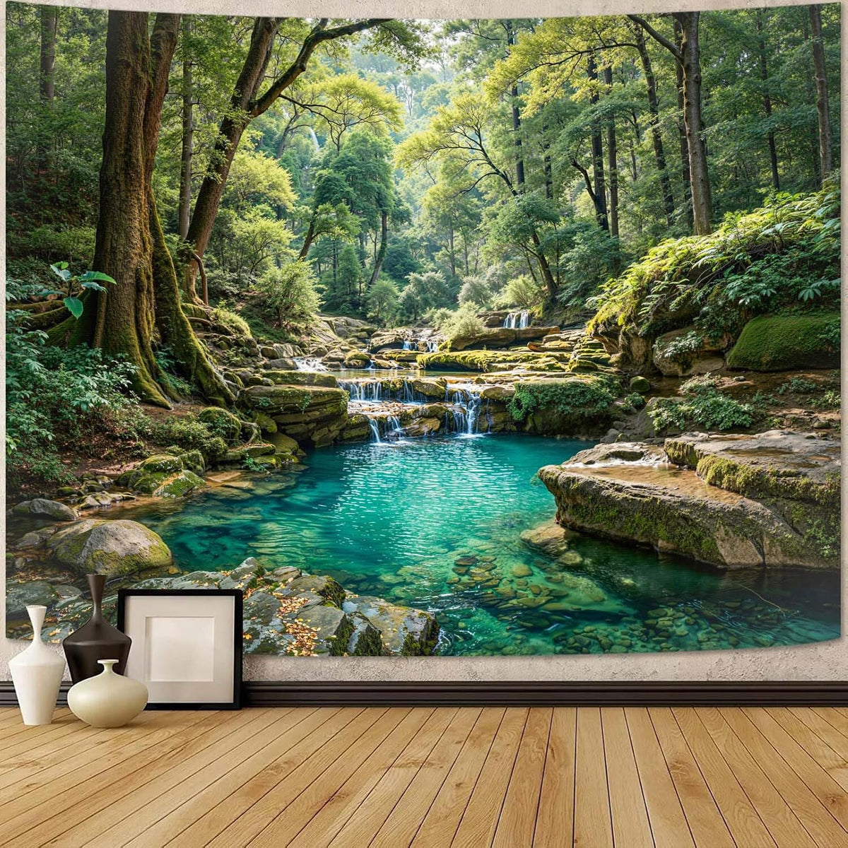 Zussun Nature Forest Tapestry Green Tree Wall Tapestry for Bedroom Aesthetic Plant Stream Pool Landscape Small Tapestries Wall Hanging for Dorm Living Room Decor 48 x 36 Inch