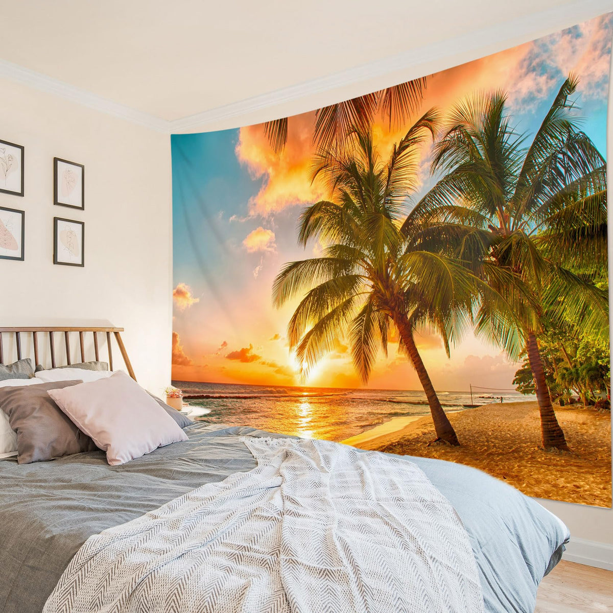HVEST Ocean Beach Tapestry Wall Hanging, Sunset Seabird and Beach with Grass Wall Tapestry Natural Landscape Tapestries for Bedroom Living Room Dorm Decoration, 60x40 Inches