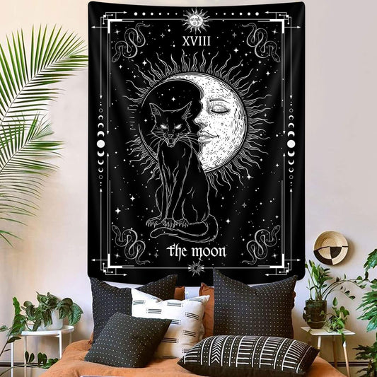 Gothic Black Cat Vertical Tapestry, Witchy Black and White Tarot Card Wing Bat Cat Cool Tapestries for Men, Moon Phases Aesthetic Anime Witchcraft Satanic Art Tapestry Wall Hanging for Bedroom Living Room Poster, 40X60Inch