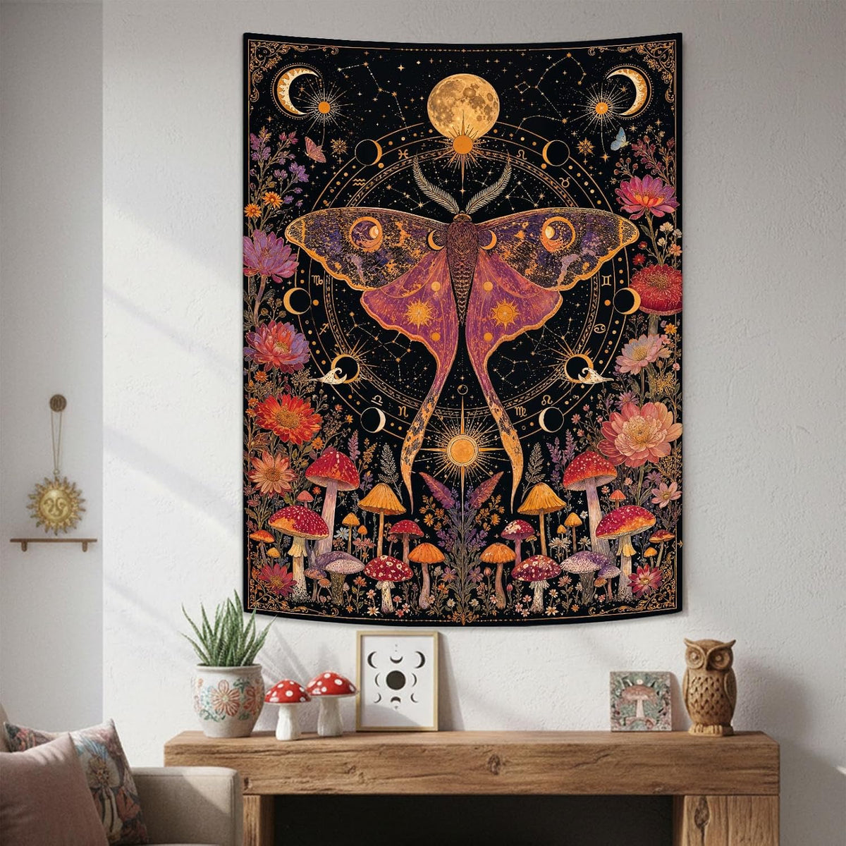 Rexful Celestial Moth Tapestry Wall Hanging Gothic Witchy Moon Phase Mushroom Flower Mystical Design Aesthetics Tapestries for Bedroom Living Room Home Decor