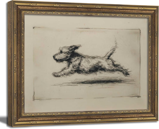 Vintage Gold Framed Wall Art Antique Terrier Sketch Wall Art Running Dog Wall Decor Picture Classic Minimalist Line Dog Poster Print for Living Room Bedroom 9x11in