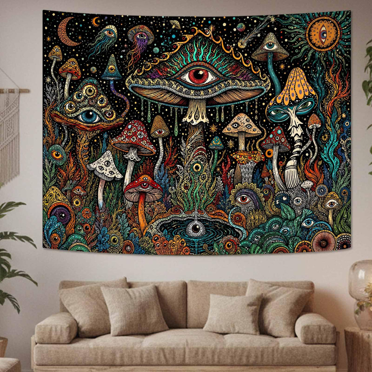 Rexful Celestial Moth Tapestry Wall Hanging Gothic Witchy Moon Phase Mushroom Flower Mystical Design Aesthetics Tapestries for Bedroom Living Room Home Decor