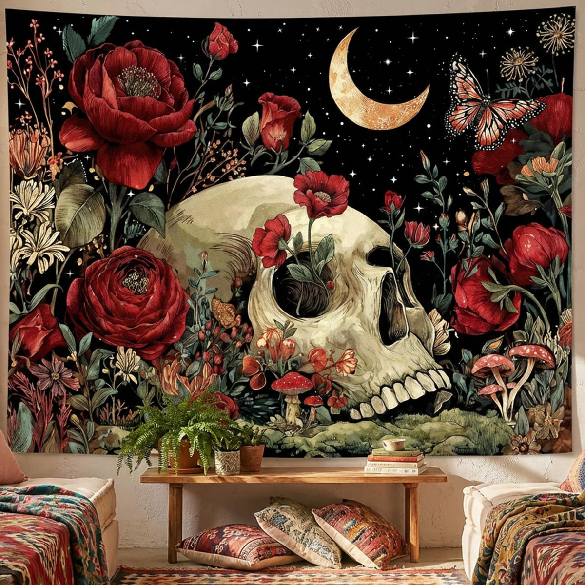 Lifeel Vintage Sun and Moon Tapestry, Boho Retro Green Plant Aesthetics Tapestries for Living Room Dorm, 36x48 inches