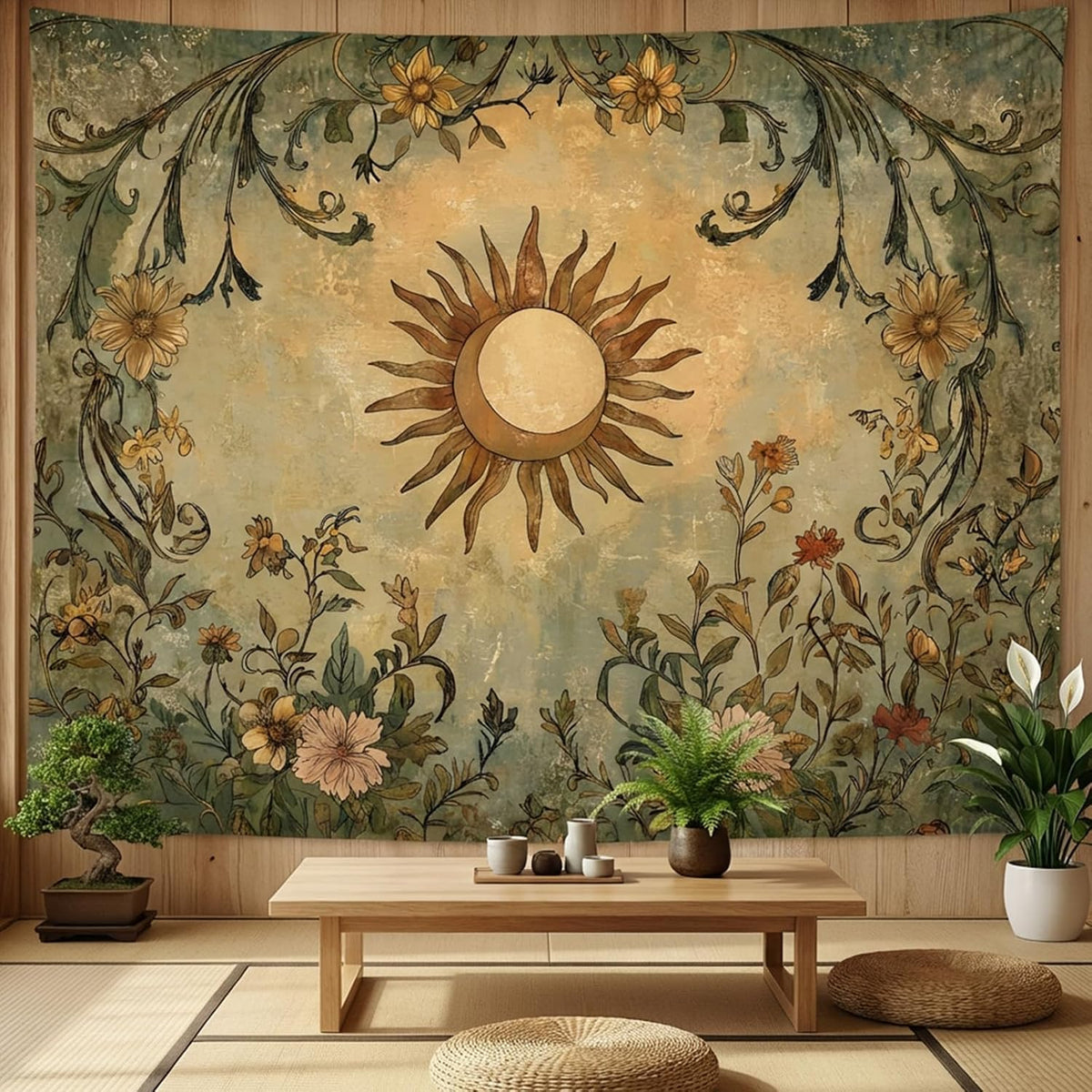 Lifeel Vintage Sun and Moon Tapestry, Boho Retro Green Plant Aesthetics Tapestries for Living Room Dorm, 36x48 inches