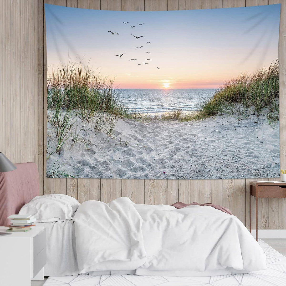 HVEST Ocean Beach Tapestry Wall Hanging, Sunset Seabird and Beach with Grass Wall Tapestry Natural Landscape Tapestries for Bedroom Living Room Dorm Decoration, 60x40 Inches