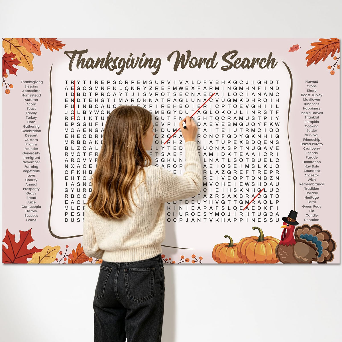 WBCPATY Giant Thanksgiving Word Search Poster, 53" X 36" Jumbo Holiday Word Find Wall Poster, Wall Game with 64 Words for Family Holiday Party Activity