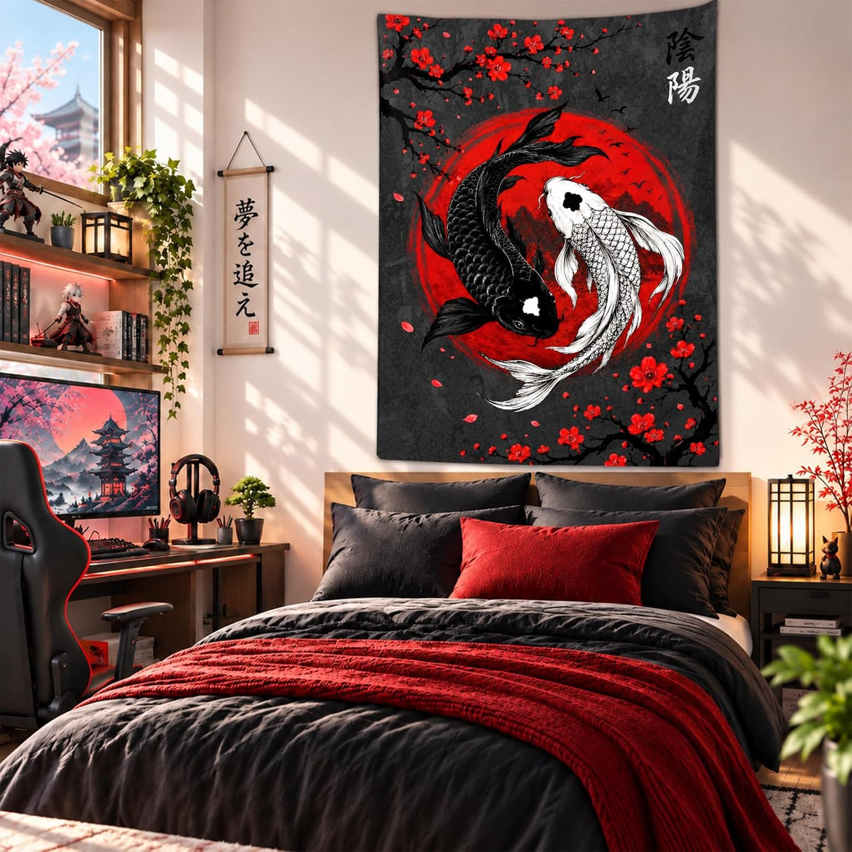 Sanzugh Japanese Yin Yang Koi Fish Tapestry, Cool Red and Black Anime Sakura Art Tapestries Vertical Wall Hanging for Men Bedroom Living Room Office Decor 40X60, Asian Cherry Blossoms Posters