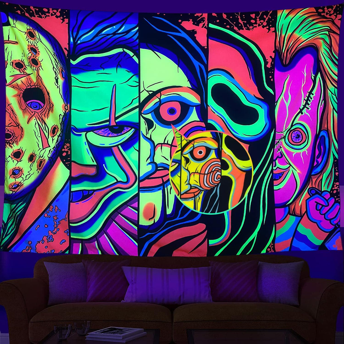 ARTCREATOR Black Light Art Halloween Wall Decor Trippy Blacklight Horror Face Tapestry, UV Reactive Tapestries Glow in The Dark Party Tapestry for Bedroom, Living Room (29" x 37")