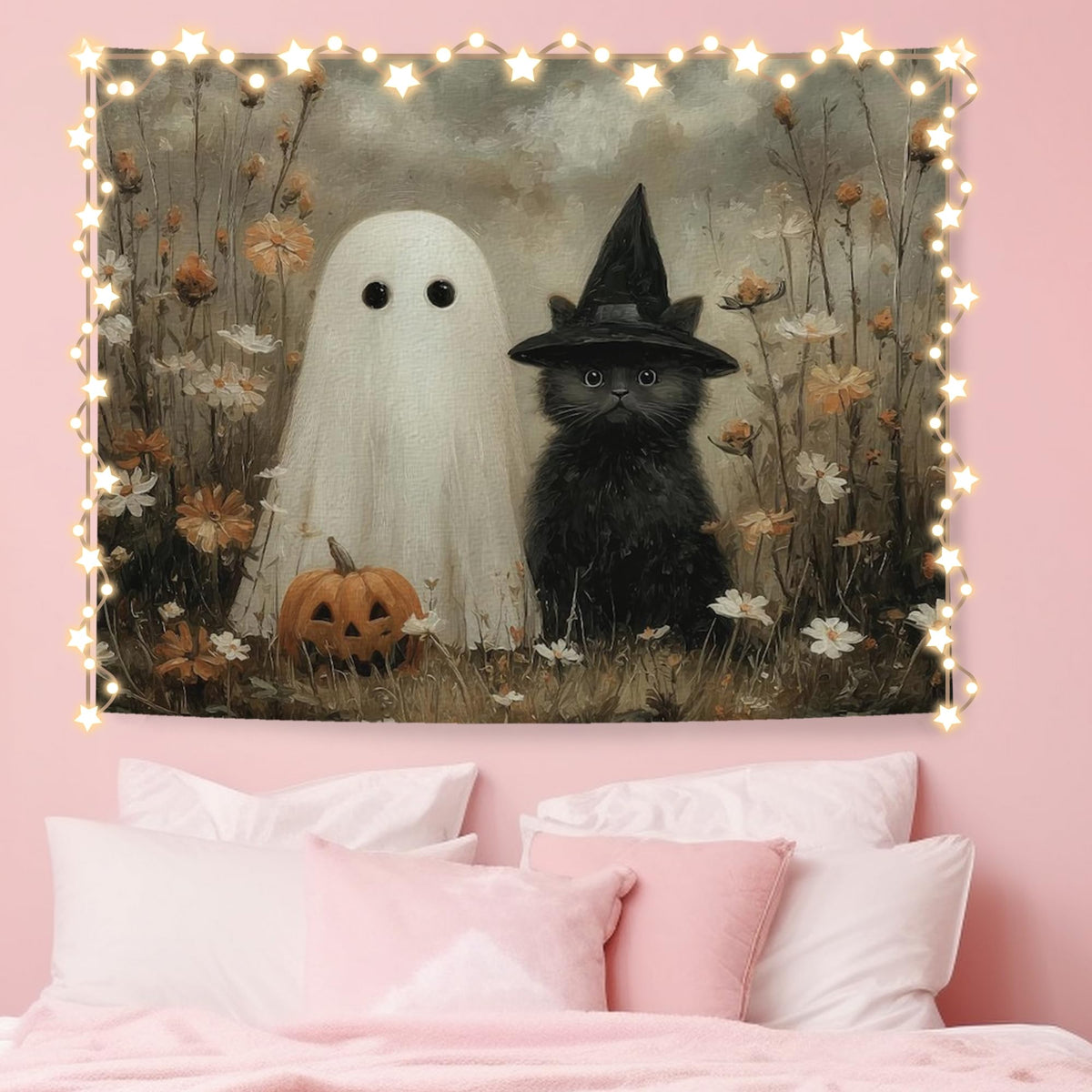 NATSUNO Halloween Tapestry, Halloween Spooky Ghost Wall Tapestry for Bedroom, Whimsical Enchanted Forest Flower Ghost Tapestries Wall Hanging for Home Living Room Decor, 50x60 Inches