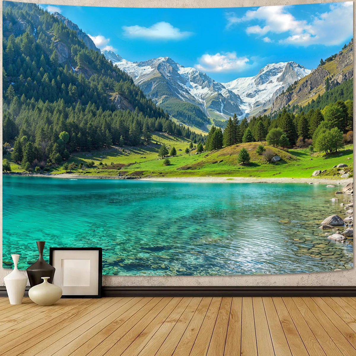 Zussun Nature Forest Tapestry Green Tree Wall Tapestry for Bedroom Aesthetic Plant Stream Pool Landscape Small Tapestries Wall Hanging for Dorm Living Room Decor 48 x 36 Inch