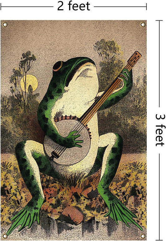 Vintage Boho Wall Hanging Funny Flags 36x24 Inches Banjo Playing Frog Wall Tapestry Aesthetic Vertical Tapestry for Bedroom Living Room Dorm Decor