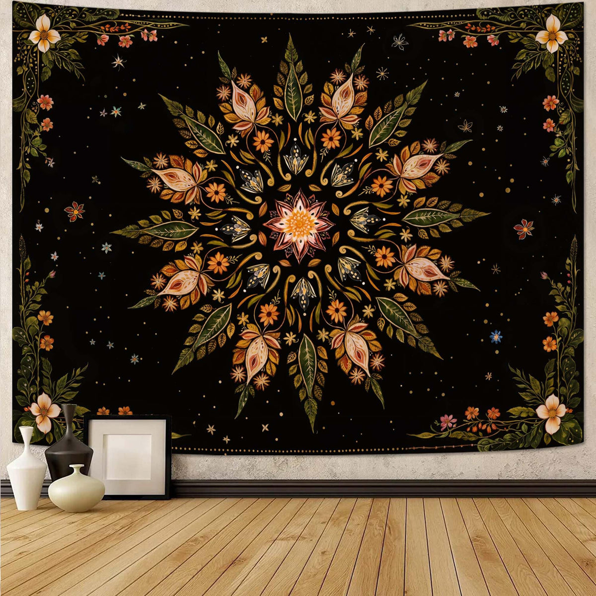Fowocu Boho Floral Mandala Tapestry Wall Hanging Bohemian Flower Medallion Tapestry Aesthetic Beige Brown Hippie Indian Small Tapestries for Bedroom Living Room Dorm Decor 40 x 30 Inch