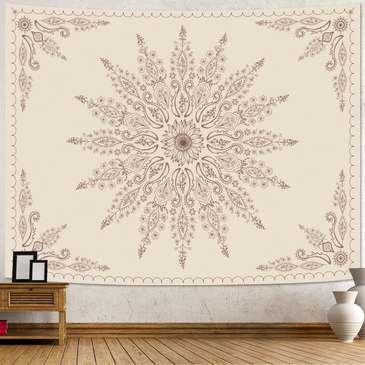 Fowocu Boho Floral Mandala Tapestry Wall Hanging Bohemian Flower Medallion Tapestry Aesthetic Beige Brown Hippie Indian Small Tapestries for Bedroom Living Room Dorm Decor 40 x 30 Inch