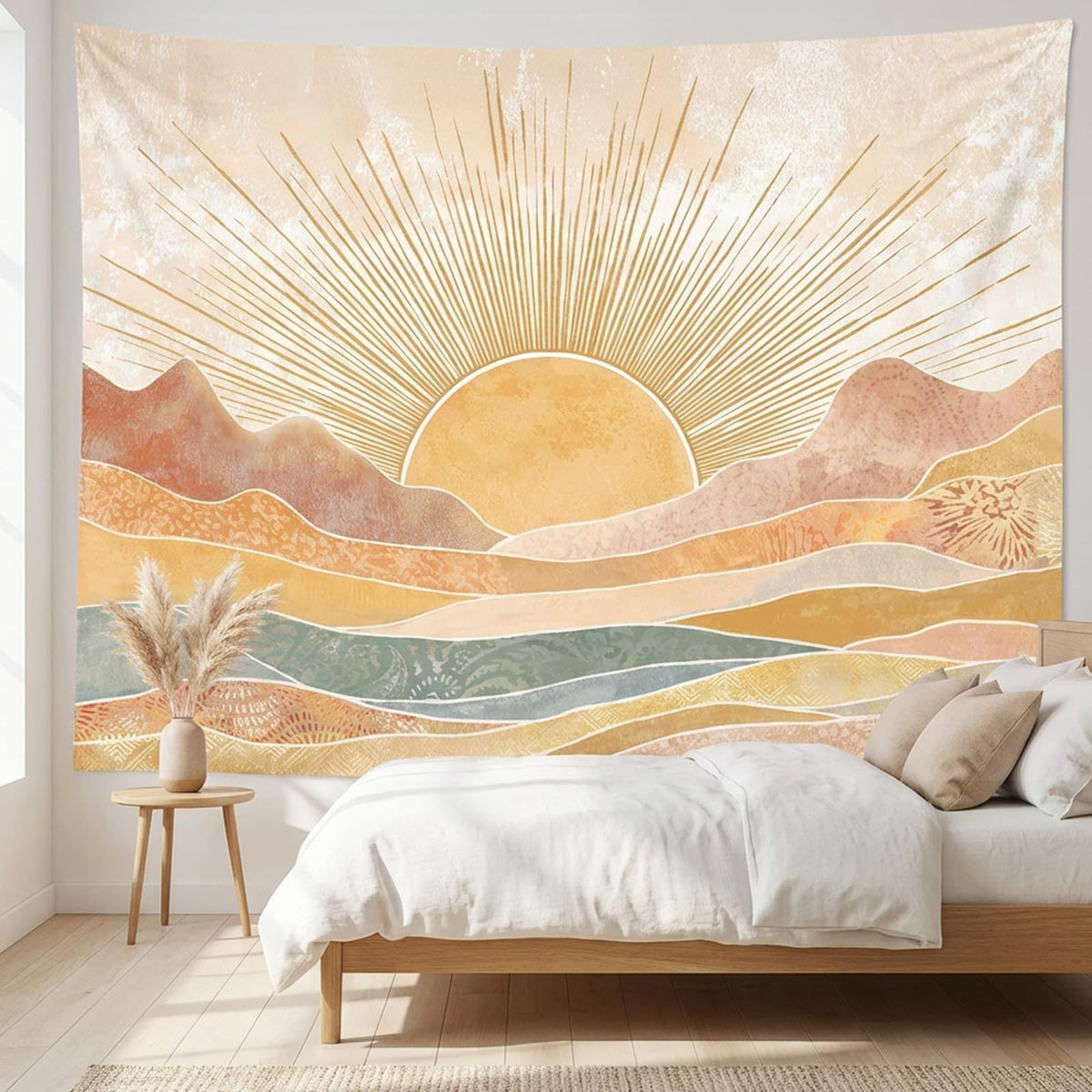 Lifeel Vintage Sun and Moon Tapestry, Boho Retro Green Plant Aesthetics Tapestries for Living Room Dorm, 36x48 inches