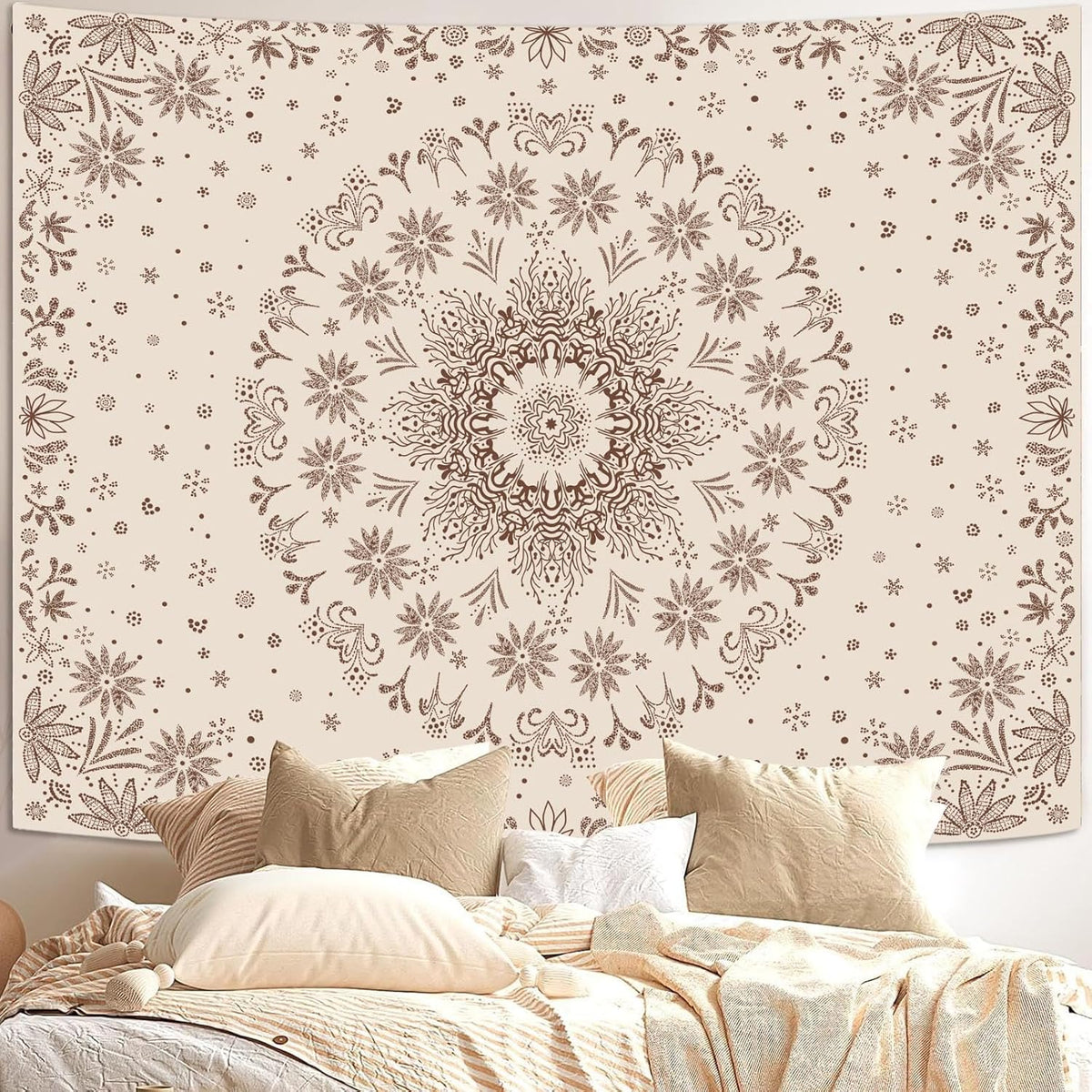 Fowocu Boho Floral Mandala Tapestry Wall Hanging Bohemian Flower Medallion Tapestry Aesthetic Beige Brown Hippie Indian Small Tapestries for Bedroom Living Room Dorm Decor 40 x 30 Inch