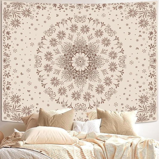 Fowocu Boho Floral Mandala Tapestry Wall Hanging Bohemian Flower Medallion Tapestry Aesthetic Beige Brown Hippie Indian Small Tapestries for Bedroom Living Room Dorm Decor 40 x 30 Inch