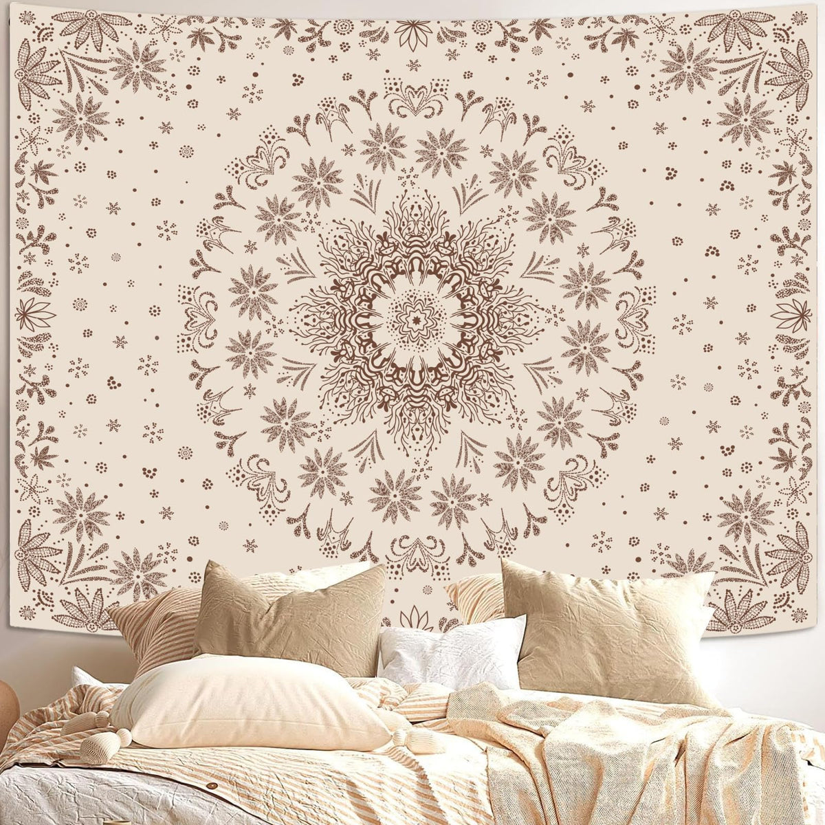 Fowocu Boho Floral Mandala Tapestry Wall Hanging Bohemian Flower Medallion Tapestry Aesthetic Beige Brown Hippie Indian Small Tapestries for Bedroom Living Room Dorm Decor 40 x 30 Inch