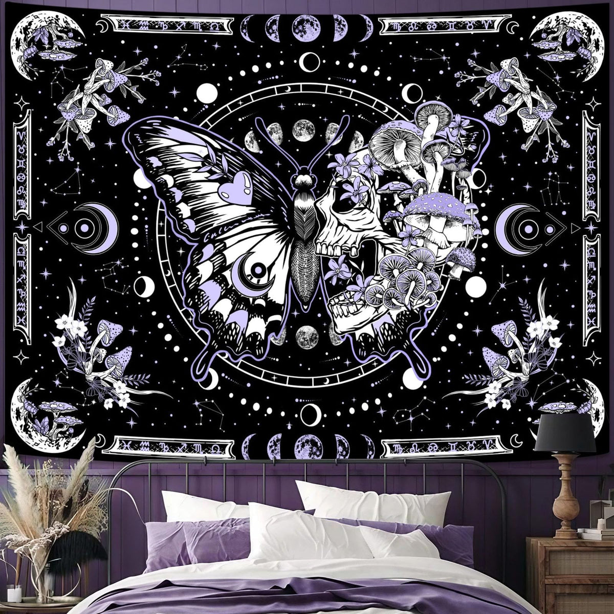 Fungarth Skeleton Butterfly Tapestry Pink Skull Hippie Mushroom Plants Tapestry for Bedroom Moon phase Aesthetic Tapestries Wall Hanging for Living Room Dorm (Pink, 48” x 36”)