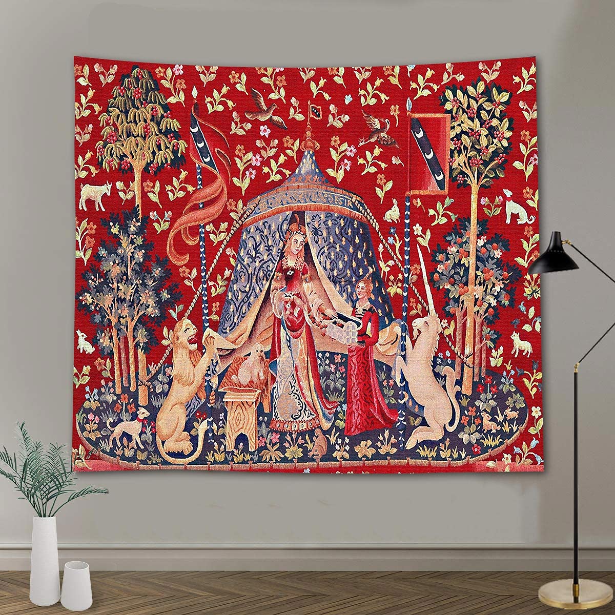 Medieval Tapestry Tapestry Royal Maiden and Unicorn Decor, Red 80x60 In