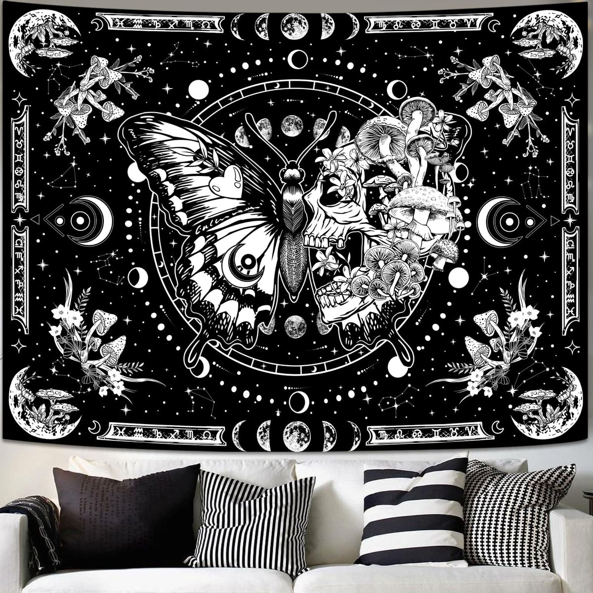 Fungarth Skeleton Butterfly Tapestry Pink Skull Hippie Mushroom Plants Tapestry for Bedroom Moon phase Aesthetic Tapestries Wall Hanging for Living Room Dorm (Pink, 48” x 36”)