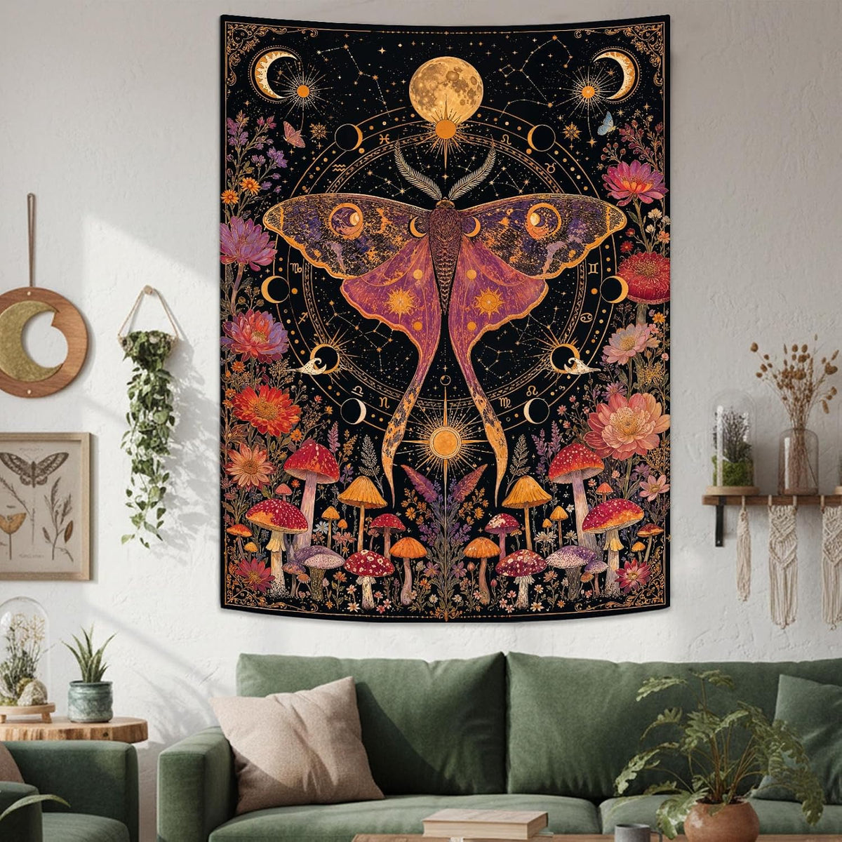 Rexful Celestial Moth Tapestry Wall Hanging Gothic Witchy Moon Phase Mushroom Flower Mystical Design Aesthetics Tapestries for Bedroom Living Room Home Decor