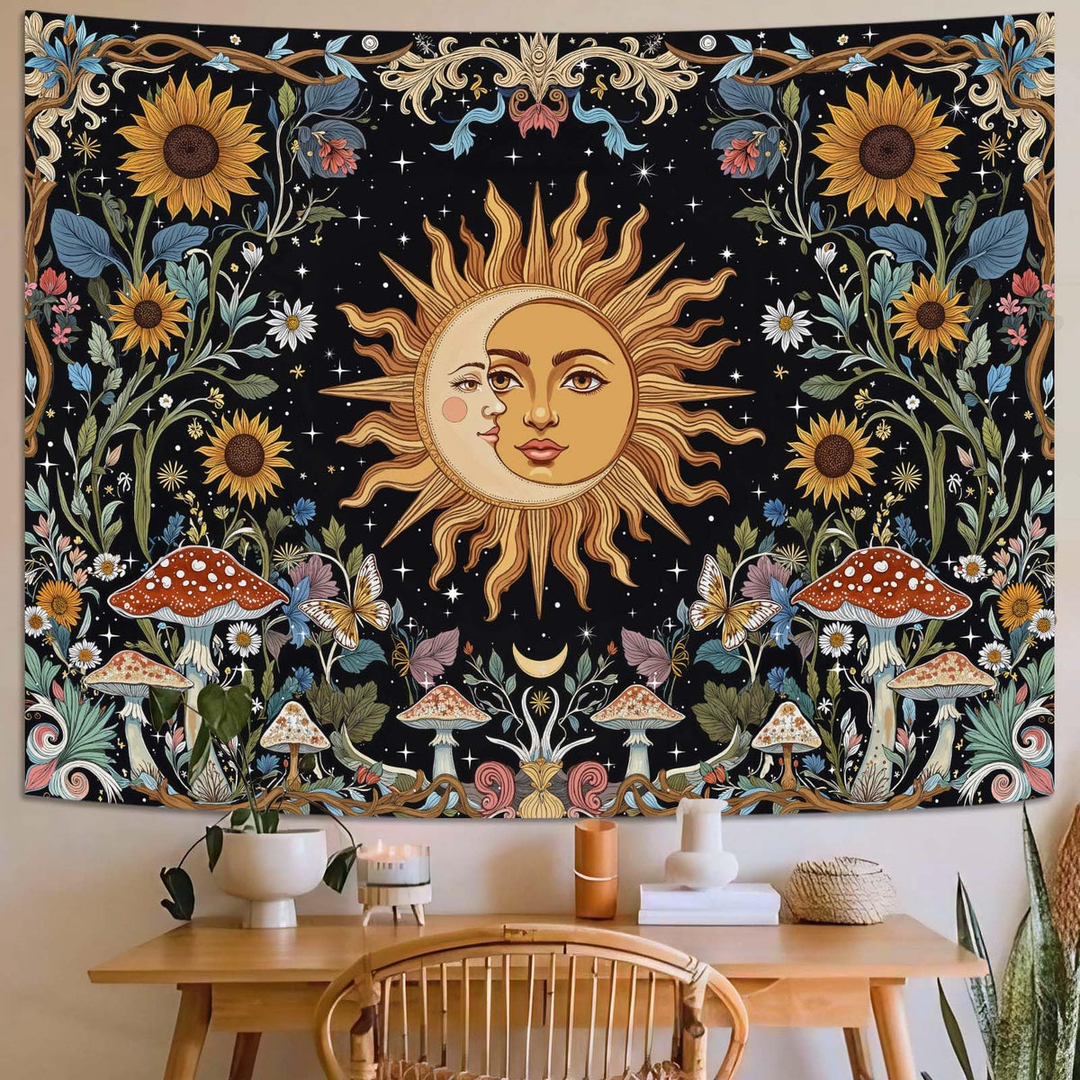 Fungarth Skeleton Butterfly Tapestry Pink Skull Hippie Mushroom Plants Tapestry for Bedroom Moon phase Aesthetic Tapestries Wall Hanging for Living Room Dorm (Pink, 48” x 36”)