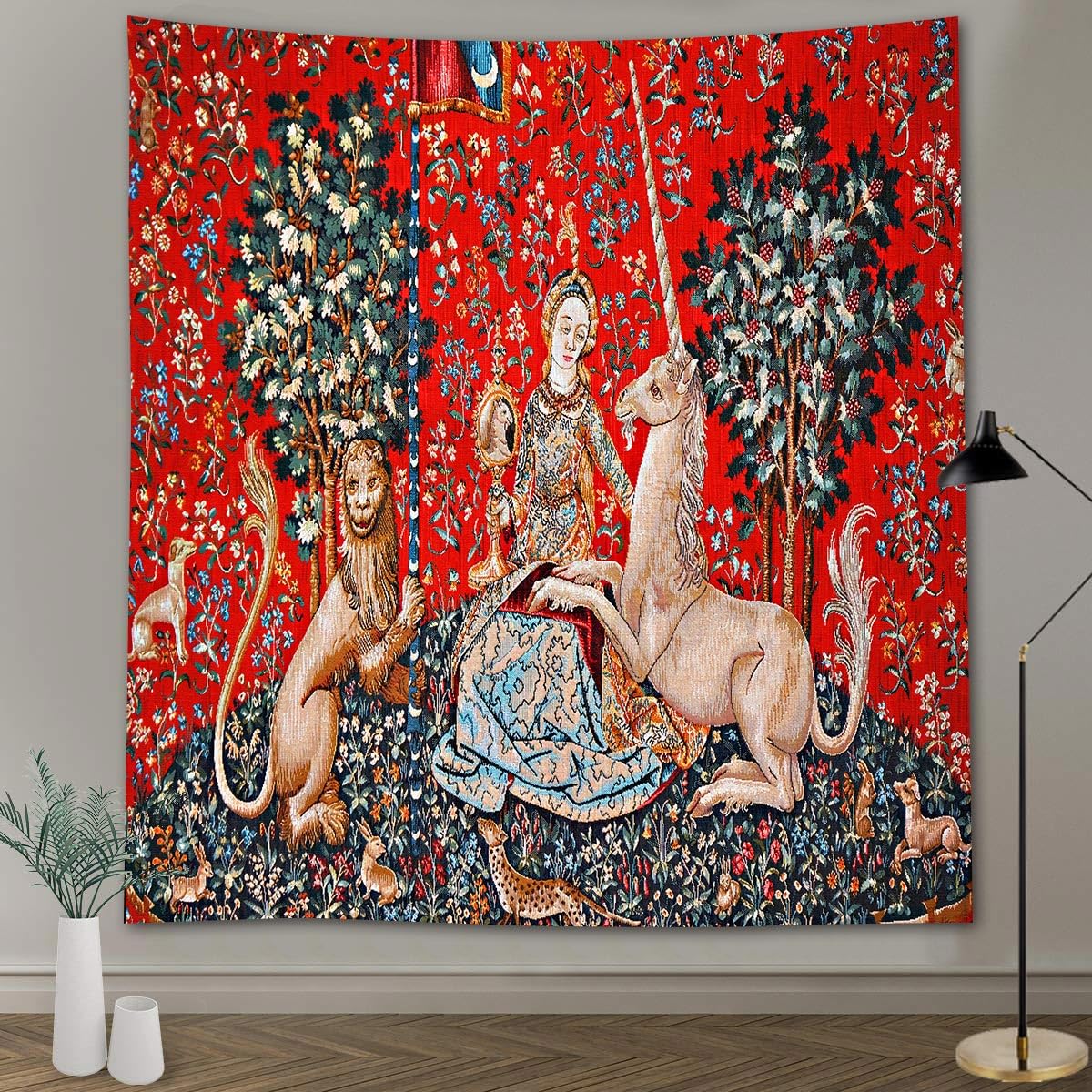 Medieval Tapestry Tapestry Royal Maiden and Unicorn Decor, Red 80x60 In