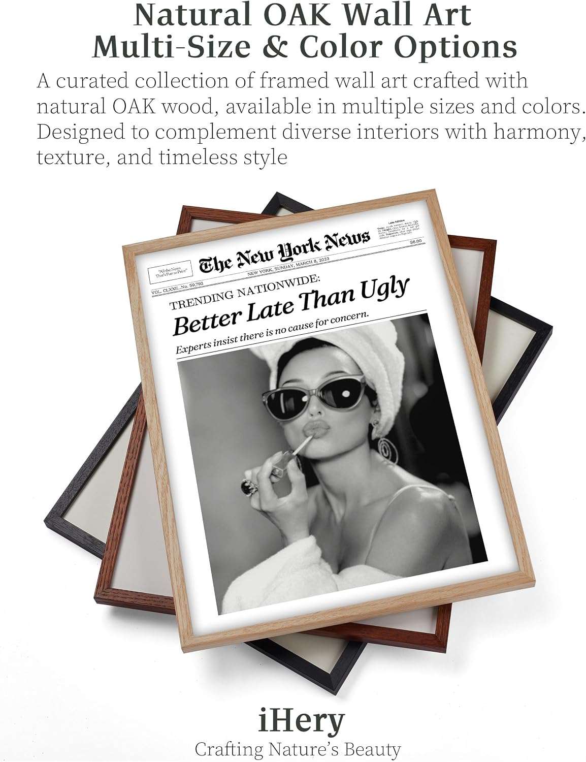 iHery 12x16in Audrey Hepburn Better Late Than Ugly Framed Bathroom Art