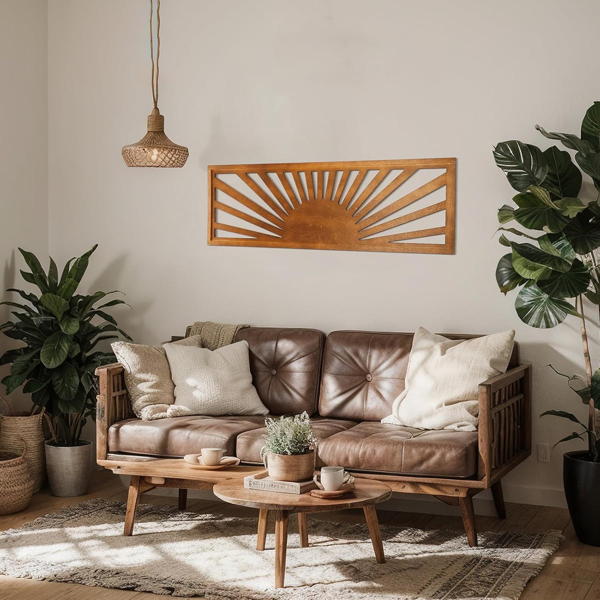 Burbell Horizontal Sun Wall Art, Boho Wooden Room Decor, 35"x12" Dark Brown