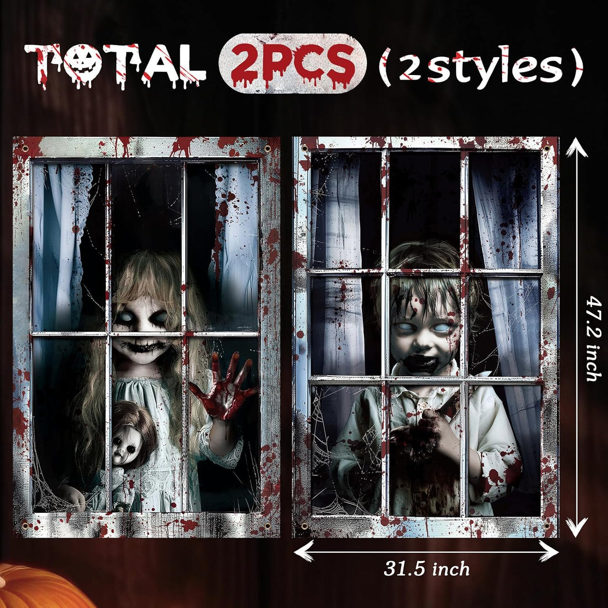 2 Pcs Halloween Scary Window Curtain Cover, Boy and Girl
