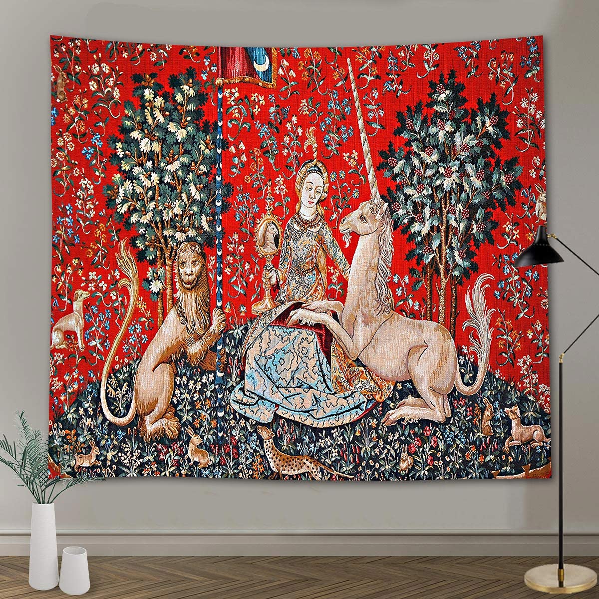 Medieval Tapestry Tapestry Royal Maiden and Unicorn Decor, Red 80x60 In