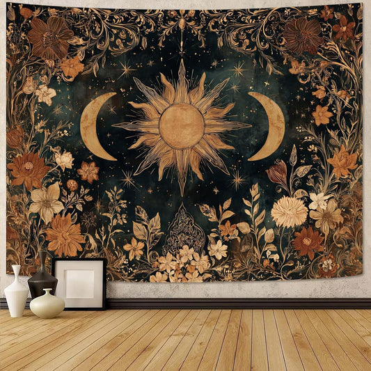 Gruaoihy Vintage Sun and Moon Tapestry, Retro Aesthetic Floral Wall Hanging for Bedroom Dorm Decor, 36x48 inches