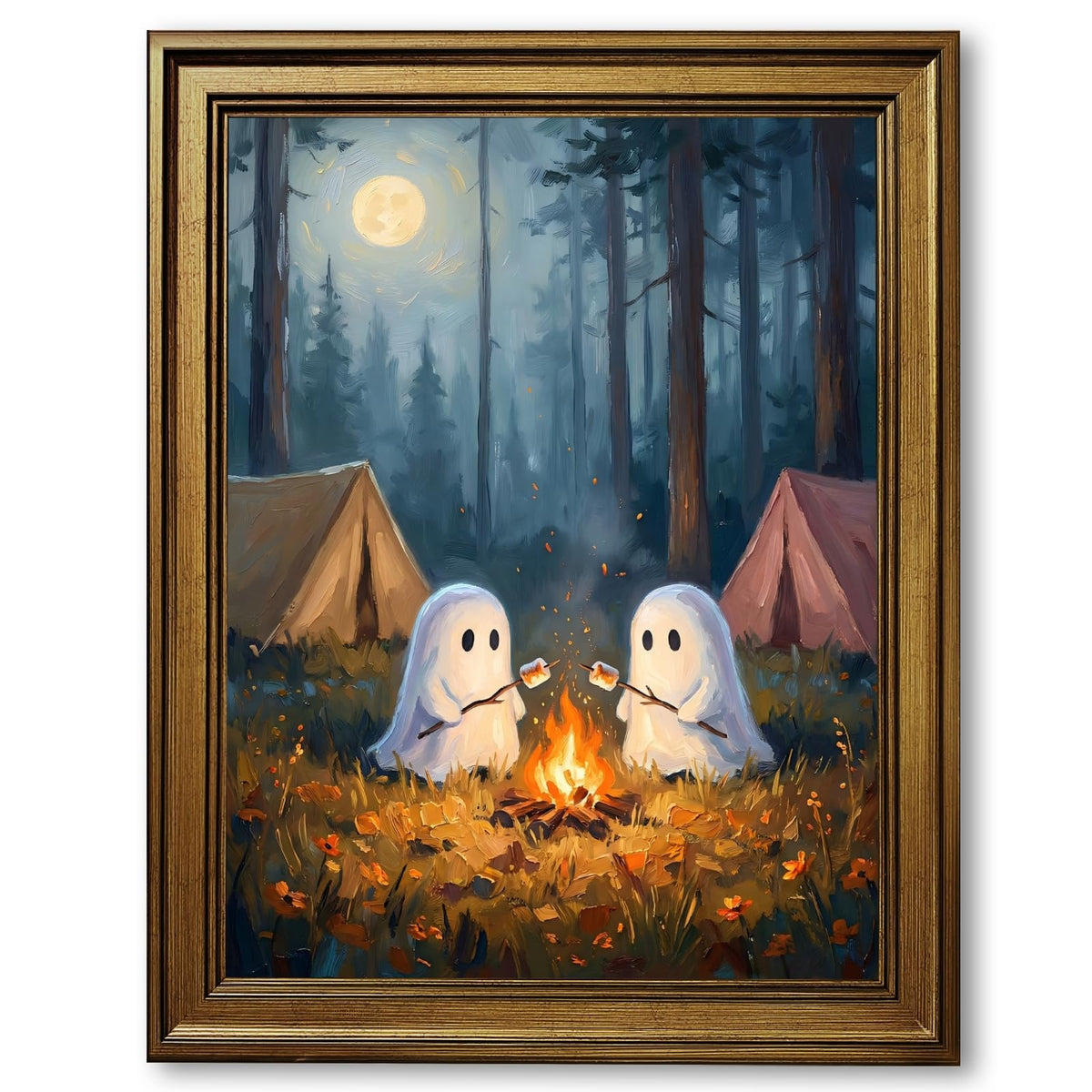 Funny Halloween Bathroom Wall Art Cute Ghost Toilet Paper Poster Spooky Toilet Art Prints Floral Ghost Painting Flowers Halloween Whimsical Room Decor for Powder Room Restroom 8x10inch Gold Frame