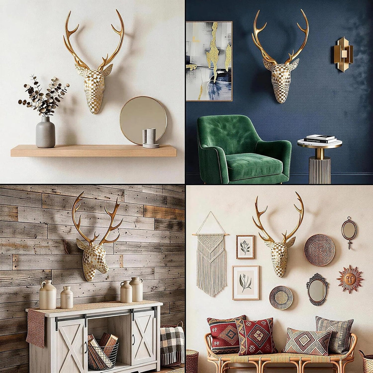 GIGICICI Mosaic Deer Head Wall Decor 15.7x8.7 Inch, Artistic Faux Resin Animal Head Wall Sculpture Hanging for Living Room Bedroom Kitchen Office, White-Gold Gift