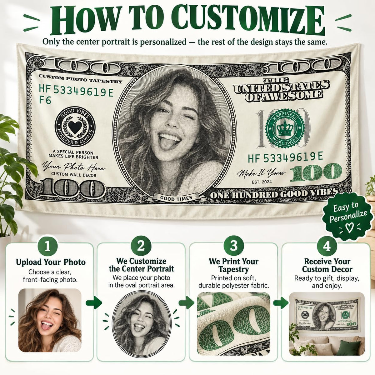 Custom Photo Tapestry, Personalized Funny 100 Dollar Bill Inspired Wall Hanging, Upload Your Face Picture, Novelty Money Style Room Decor, Custom Gift for Men Women Friends Family Birthday Party