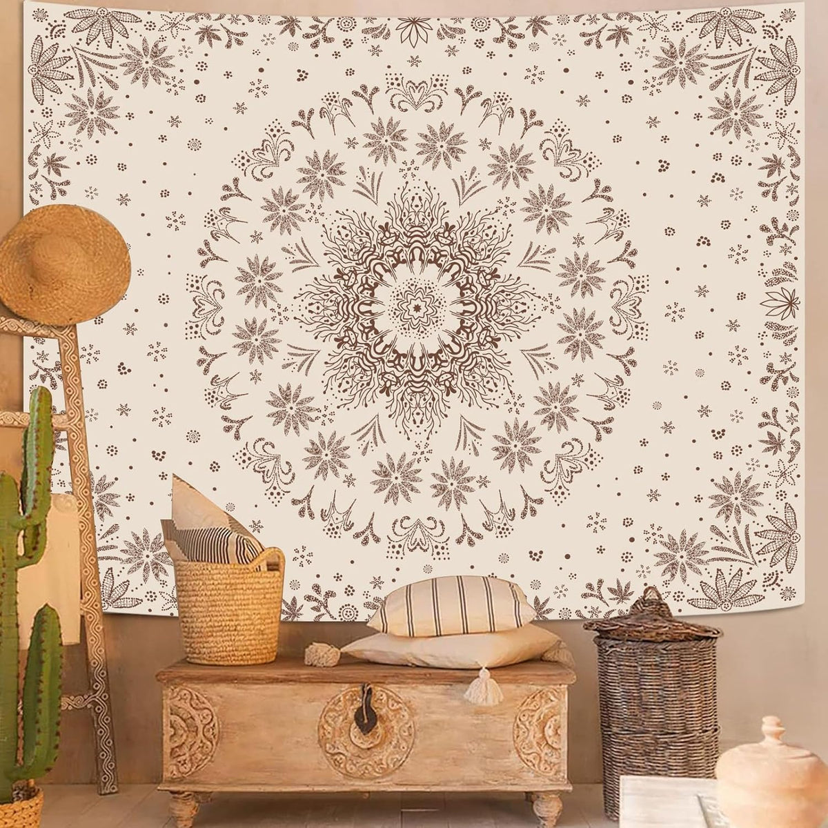 Fowocu Boho Floral Mandala Tapestry Wall Hanging Bohemian Flower Medallion Tapestry Aesthetic Beige Brown Hippie Indian Small Tapestries for Bedroom Living Room Dorm Decor 40 x 30 Inch