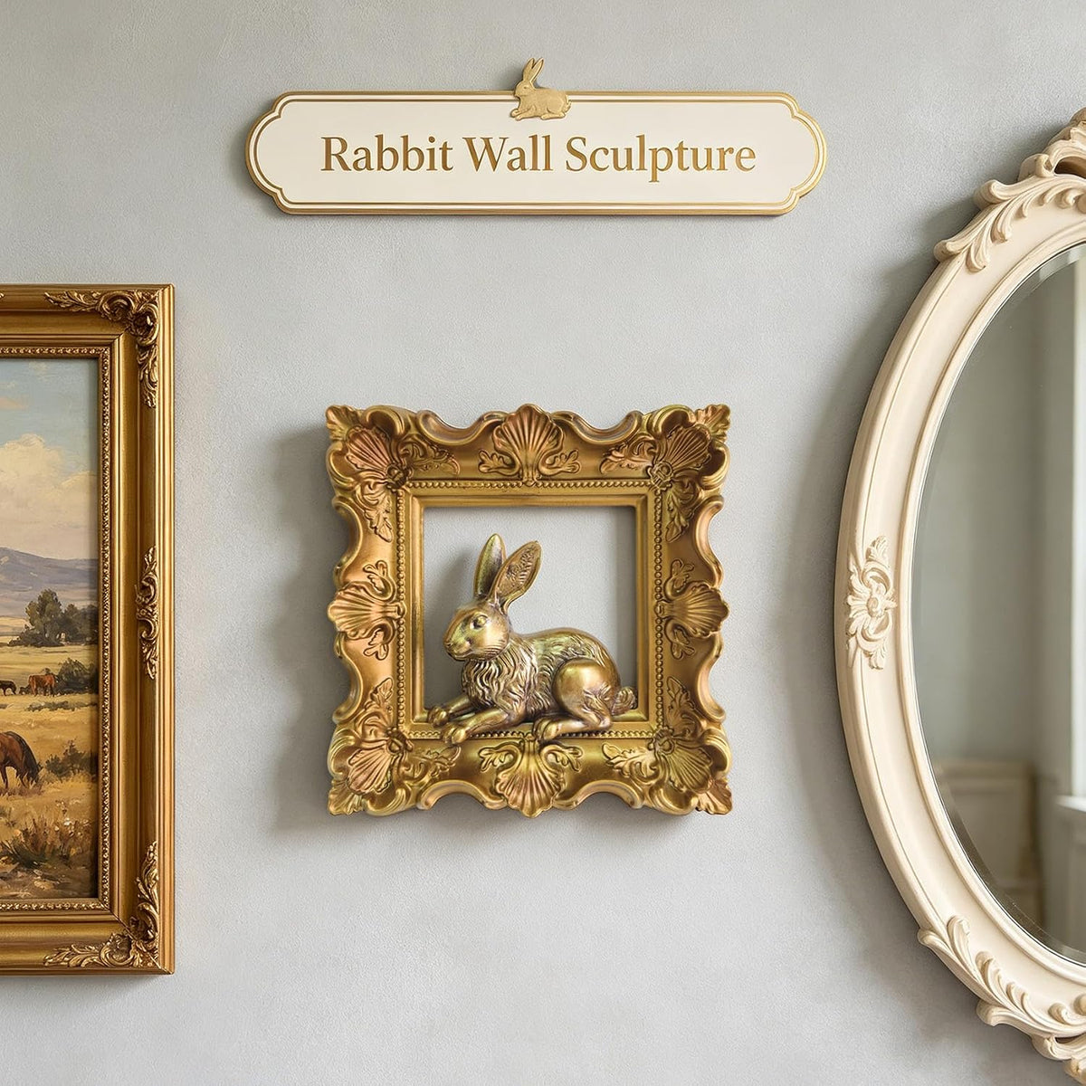 Rabbit Wall Decor with Gold Frame, Baroque Resin Bunny Wall Sculpture