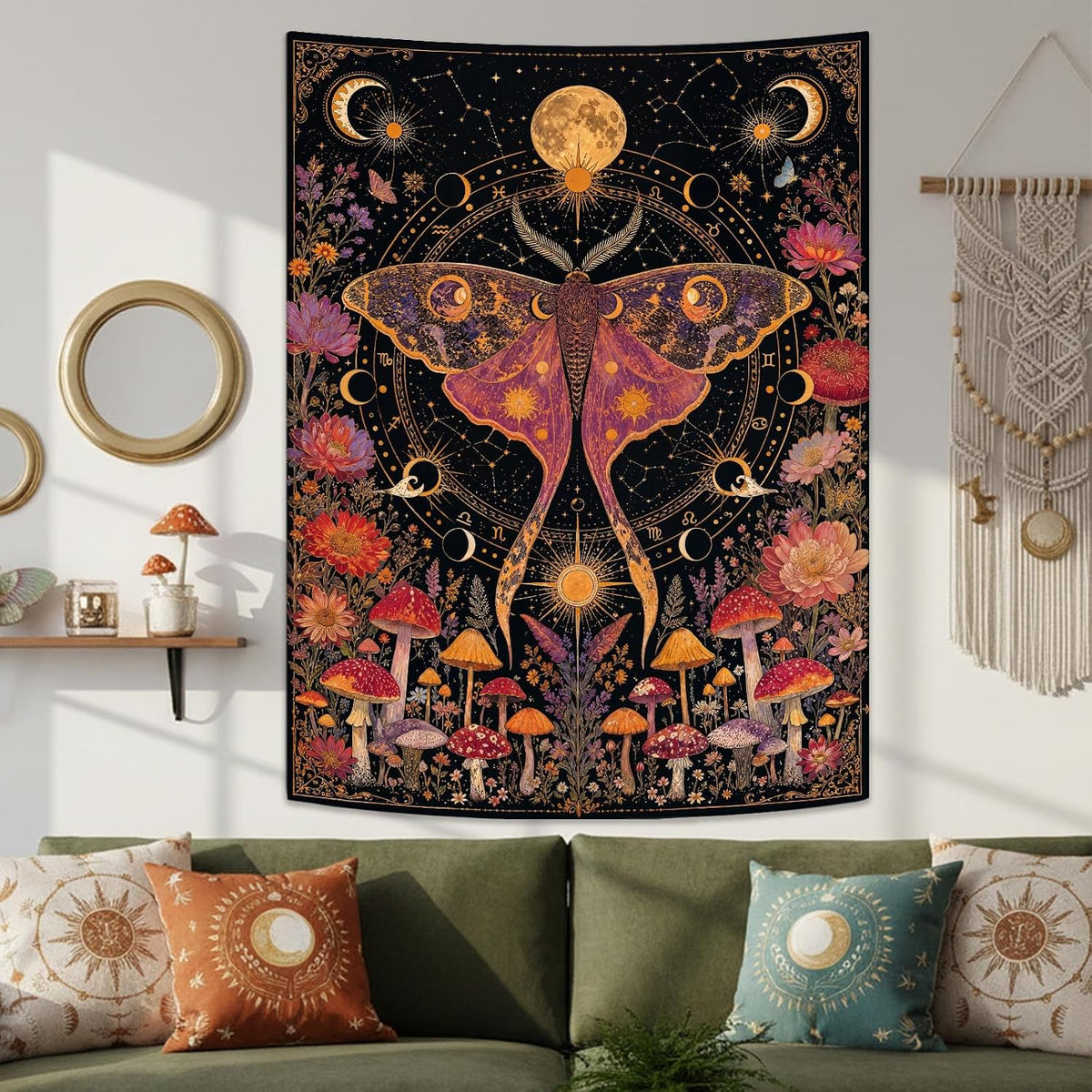 Rexful Celestial Moth Tapestry Wall Hanging Gothic Witchy Moon Phase Mushroom Flower Mystical Design Aesthetics Tapestries for Bedroom Living Room Home Decor