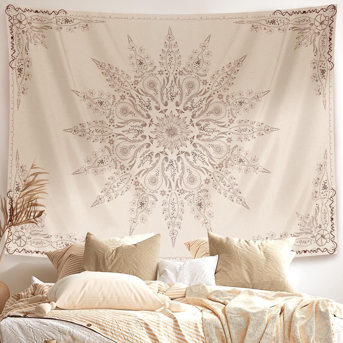 Damanse Floral Tapestry Wall Hanging Cute,Boho Wall Tapestry for Bedroom Aesthetic,Mandala Living Room Decor for Teen Girls (Flaxen, 78.7L x 59.8W)