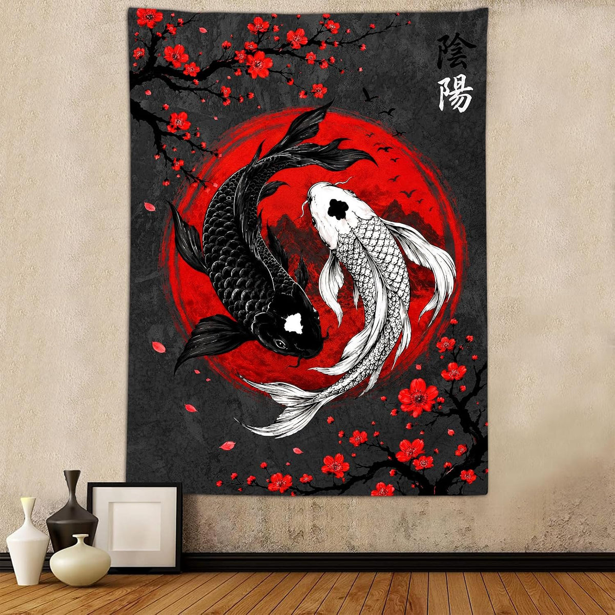 Sanzugh Japanese Yin Yang Koi Fish Tapestry, Cool Red and Black Anime Sakura Art Tapestries Vertical Wall Hanging for Men Bedroom Living Room Office Decor 40X60, Asian Cherry Blossoms Posters