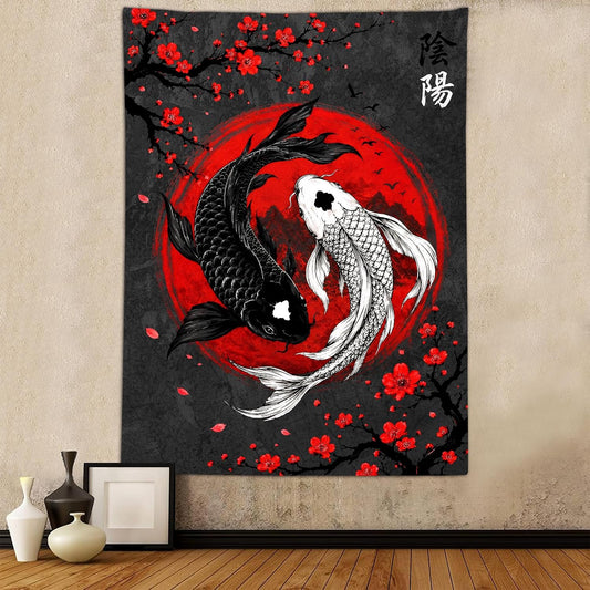 Sanzugh Japanese Yin Yang Koi Fish Tapestry, Cool Red and Black Anime Sakura Art Tapestries Vertical Wall Hanging for Men Bedroom Living Room Office Decor 40X60, Asian Cherry Blossoms Posters