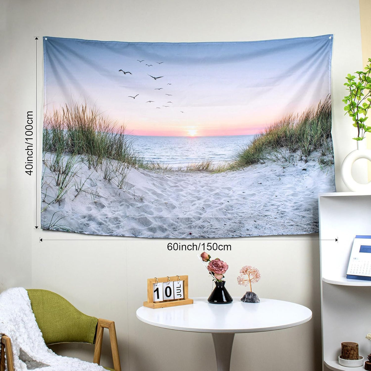HVEST Ocean Beach Tapestry Wall Hanging, Sunset Seabird and Beach with Grass Wall Tapestry Natural Landscape Tapestries for Bedroom Living Room Dorm Decoration, 60x40 Inches