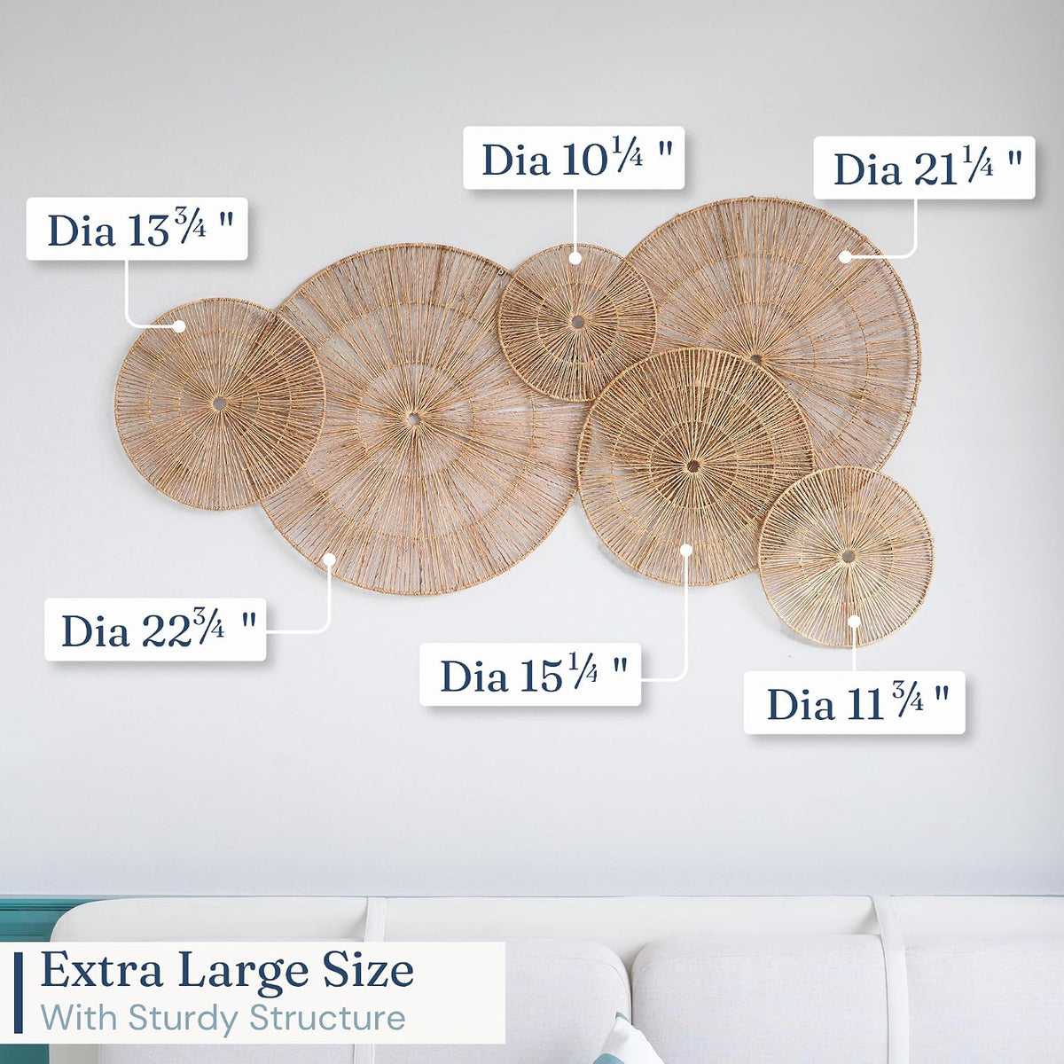 CHI AN HOME Wicker 23 Inch Jute Wall Decor Baskets, Set of 6 Extra Large Woven Jute Wall Plates, 23",21",15",13",12,10", Decorative Baskets for Wall Arts, Wall Hanging for Bedroom, Living Room, Office