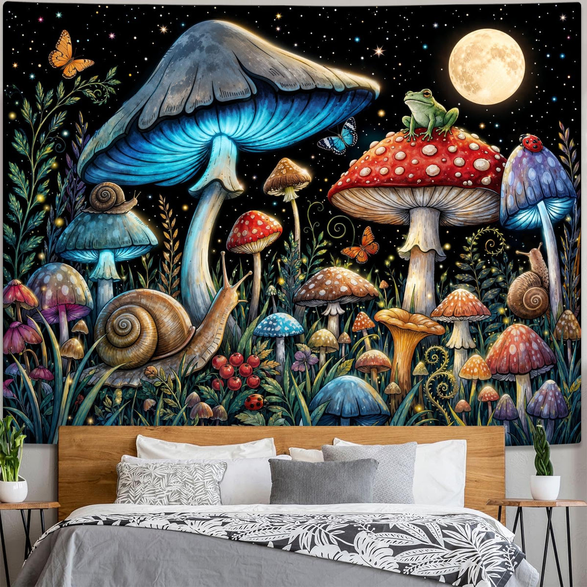 Rexful Celestial Moth Tapestry Wall Hanging Gothic Witchy Moon Phase Mushroom Flower Mystical Design Aesthetics Tapestries for Bedroom Living Room Home Decor