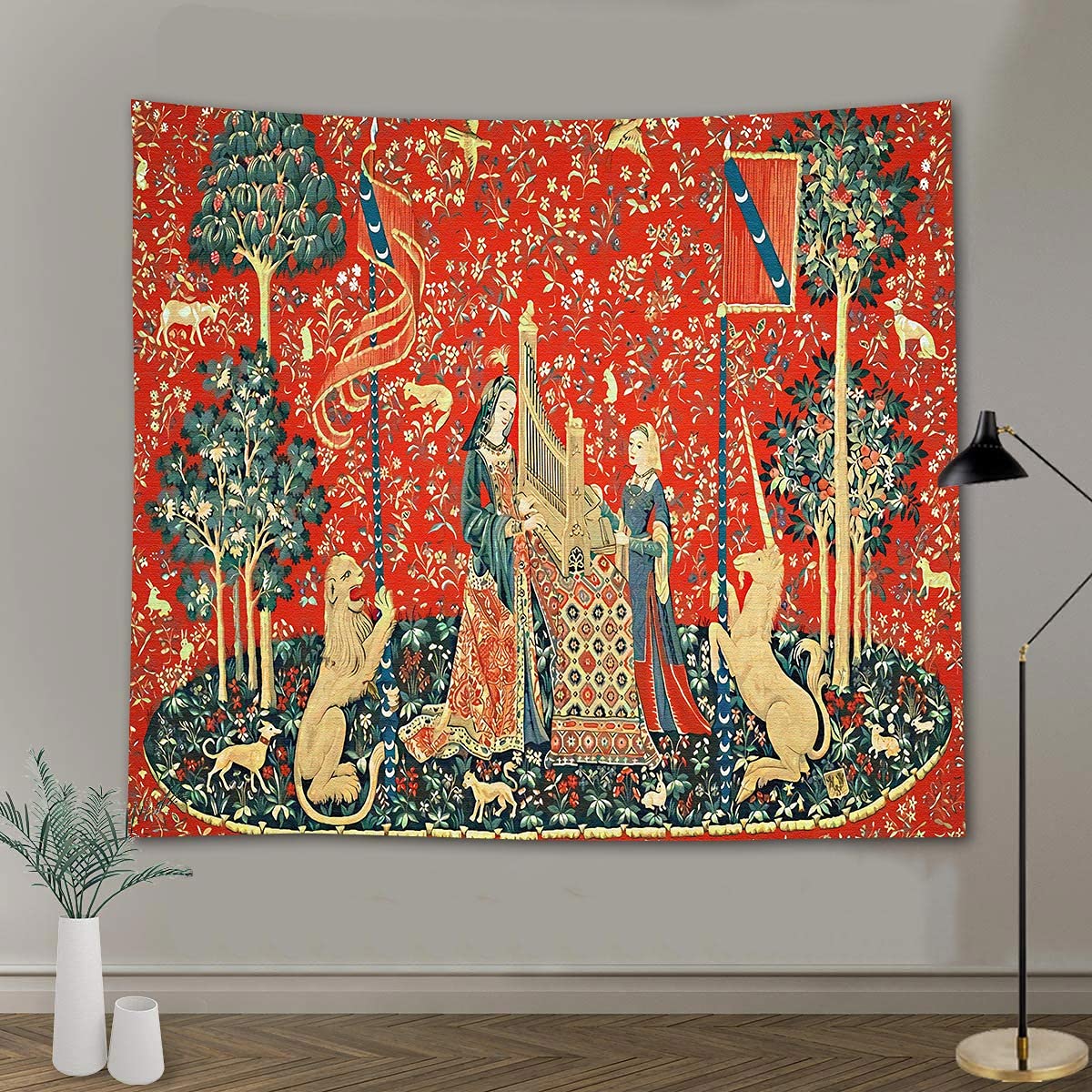 Medieval Tapestry Tapestry Royal Maiden and Unicorn Decor, Red 80x60 In