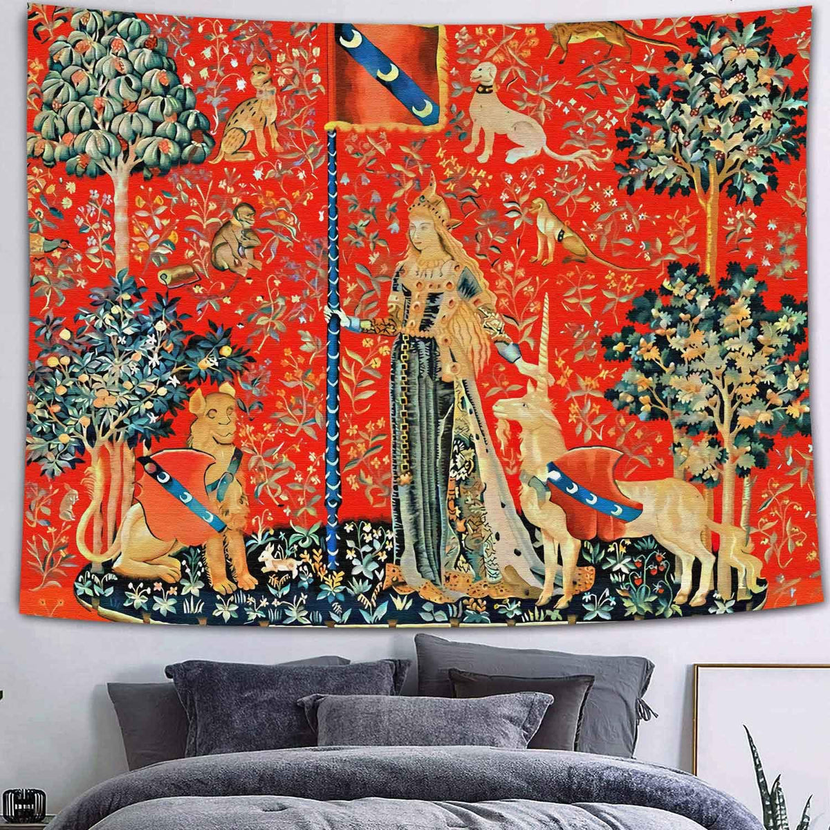 Medieval Tapestry Tapestry Royal Maiden and Unicorn Decor, Red 80x60 In