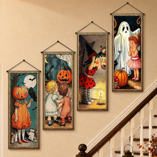 Pawliss Halloween Wall Art Posters 4 Pack, Vintage Retro Storybook Style Halloween Indoor Decorations, Cute Spooky Wall Decor for Bedroom Livingroom Home Party, 16" x 39" Framed Wall Hanging Prints