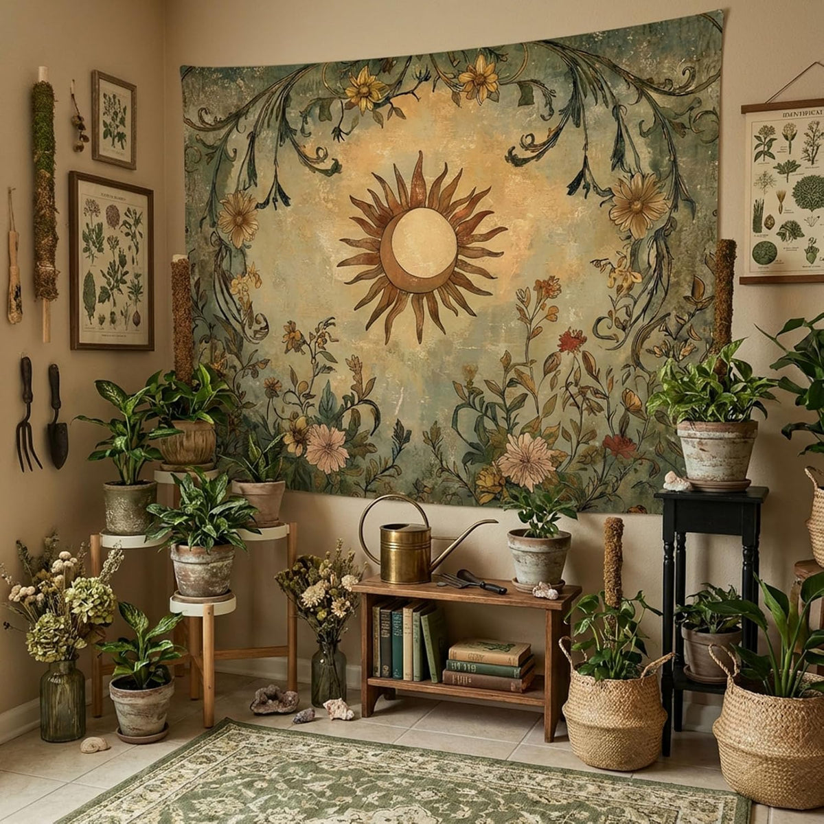 Lifeel Vintage Sun and Moon Tapestry, Boho Retro Green Plant Aesthetics Tapestries for Living Room Dorm, 36x48 inches
