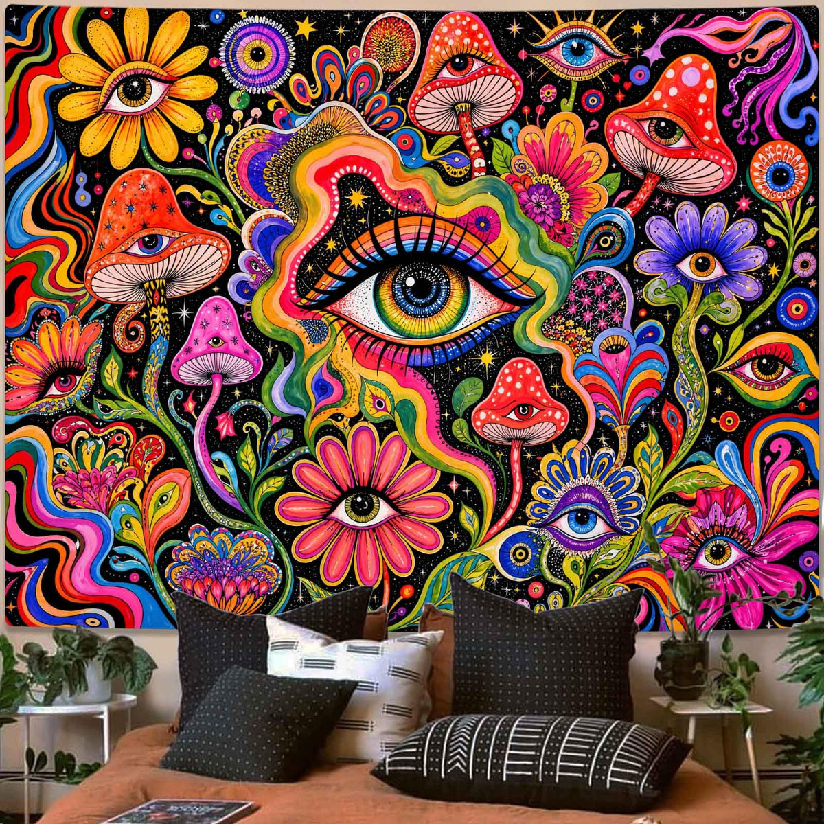 Rexful Celestial Moth Tapestry Wall Hanging Gothic Witchy Moon Phase Mushroom Flower Mystical Design Aesthetics Tapestries for Bedroom Living Room Home Decor